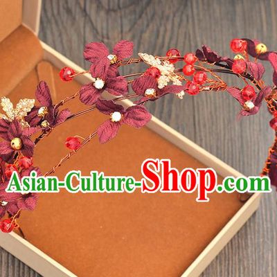 Top Grade Handmade Chinese Classical Hair Accessories Princess Wedding Wine Red Flowers Hair Clasp Hair Stick Bride Headwear for Women
