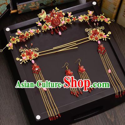 Traditional Handmade Chinese Ancient Wedding Hair Accessories Xiuhe Suit Red Phoenix Coronet Complete Set, Bride Tassel Step Shake Hanfu Hairpins Hair Sticks Hair Jewellery for Women