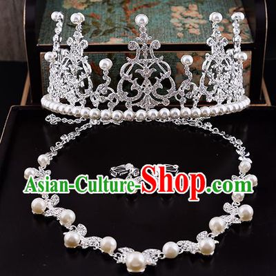 Top Grade Handmade Chinese Classical Jewelry Accessories Queen Wedding Crystal Pearls Royal Crown Necklace and Earrings Bride Headgear for Women