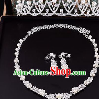 Top Grade Handmade Chinese Classical Jewelry Accessories Queen Wedding Crystal Flower Pearls Royal Crown Necklace and Earrings Bride Headgear for Women