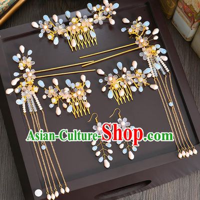 Traditional Handmade Chinese Ancient Wedding Hair Accessories Xiuhe Suit Ancient Costume Opal Phoenix Hairpins Complete Set, Bride Step Shake Hanfu Hair Sticks Hair Fascinators for Women