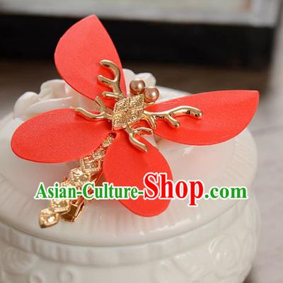Top Grade Handmade Chinese Classical Hair Accessories Princess Wedding Red Dragonfly Hair Stick Hair Claw Bride Headwear for Women