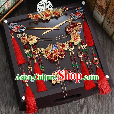 Traditional Handmade Chinese Ancient Wedding Hair Accessories Xiuhe Suit Blueing Phoenix Coronet Complete Set, Bride Step Shake Hanfu Hair Fascinators for Women