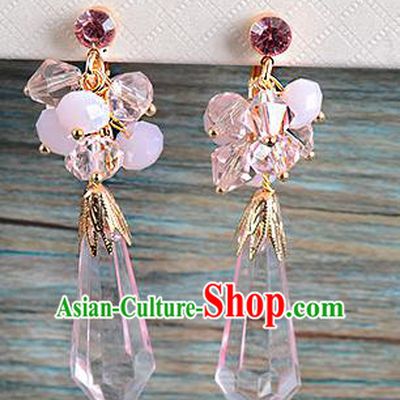 Top Grade Handmade Chinese Classical Jewelry Accessories Wedding Pink Crystal Tassel Earrings Bride Hanfu Eardrop for Women