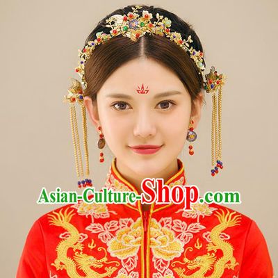 Traditional Handmade Chinese Ancient Wedding Hair Accessories Xiuhe Suit Butterfly Hair Clasp Complete Set, Bride Palace Lady Step Shake Hanfu Hairpins for Women