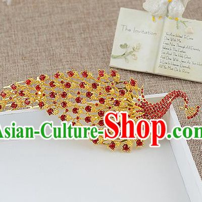 Top Grade Handmade Hair Accessories Baroque Luxury Red Crystal Peacock Hair Stick, Bride Wedding Hair Kether Jewellery Princess Imperial Crown for Women