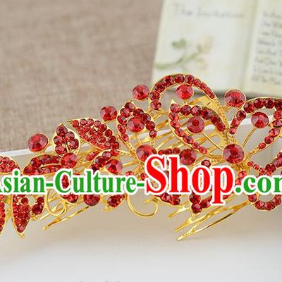 Top Grade Handmade Hair Accessories Baroque Luxury Red Crystal Butterfly Hair Comb, Bride Wedding Hair Kether Jewellery Princess Imperial Crown for Women