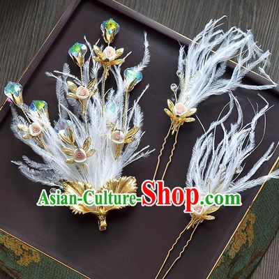 Top Grade Handmade Chinese Classical Hair Accessories Princess Wedding Baroque White Feather Hair Claw Bride Headband for Women