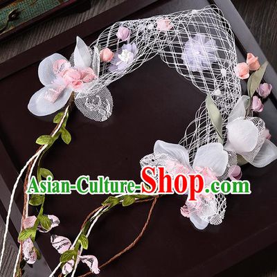Top Grade Handmade Chinese Classical Hair Accessories Princess Wedding Baroque Pink Flowers Veil Hair Clasp Bride Headband for Women