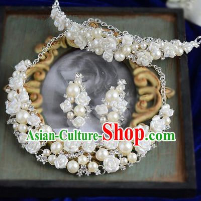 Top Grade Handmade Hair Accessories Baroque Luxury Pearls Royal Crown and Necklace Earrings, Bride Wedding Hair Kether Jewellery Princess Imperial Crown for Women