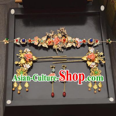 Traditional Handmade Chinese Ancient Costume Wedding Xiuhe Suit Bride Love of Butterfly Phoenix Coronet Hair Accessories Complete Set, Palace Lady Tassel Step Shake Hanfu Hairpins for Women