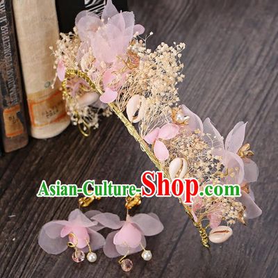 Top Grade Handmade Hair Accessories Baroque Style Palace Princess Wedding Pink Silk Flowers Vintage Royal Crown and Earrings, Bride Hair Kether Jewellery Imperial Crown for Women