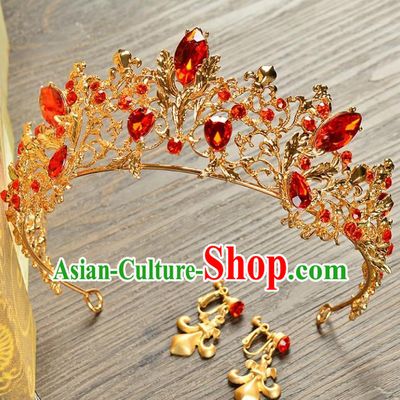 Top Grade Handmade Hair Accessories Baroque Style Palace Princess Wedding Red Crystal Vintage Royal Crown and Earrings, Bride Hair Kether Jewellery Imperial Crown for Women