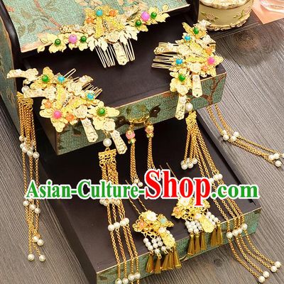 Traditional Handmade Chinese Ancient Costume Wedding Xiuhe Suit Bride Tassel Phoenix Coronet Hair Accessories Complete Set, Step Shake Hanfu Hairpins for Women