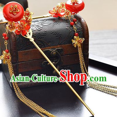 Traditional Handmade Chinese Ancient Costume Wedding Xiuhe Suit Bride Red Jade Phoenix Coronet Hair Accessories Complete Set, Step Shake Hanfu Hairpins for Women