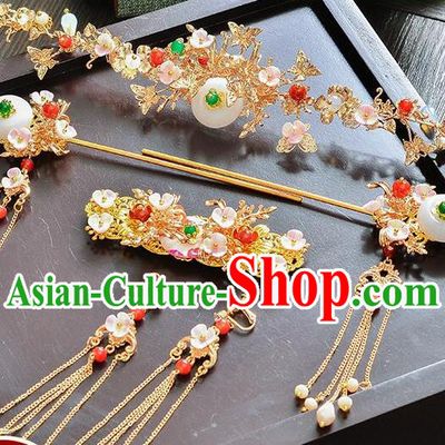 Traditional Handmade Chinese Ancient Costume Wedding Xiuhe Suit Bride Jade Phoenix Coronet Hair Accessories Complete Set, Step Shake Hanfu Hairpins for Women