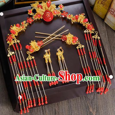 Traditional Handmade Chinese Ancient Costume Wedding Xiuhe Suit Bride Red Beads Tassel Phoenix Coronet Hair Accessories Complete Set, Step Shake Hanfu Hairpins for Women