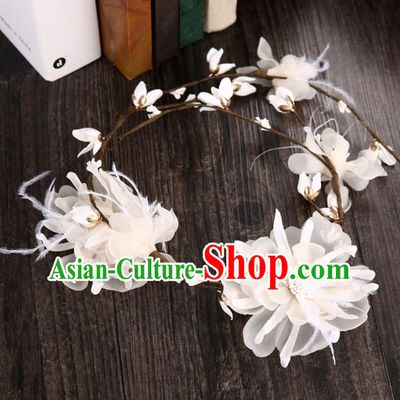 Top Grade Handmade Chinese Classical Hair Accessories Princess Wedding Baroque Headwear White Feather Flowers Hair Clasp Bride Headband for Women