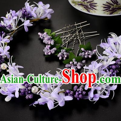 Top Grade Handmade Chinese Classical Hair Accessories Princess Wedding Baroque Headwear Purple Pearl Flowers Hair Clasp Bride Headband for Women