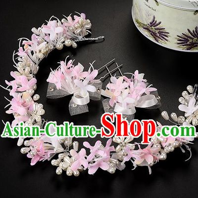 Top Grade Handmade Chinese Classical Hair Accessories Princess Wedding Baroque Headwear Pink Lace Flowers Pearls Hairpins Hair Clasp Bride Headband for Women