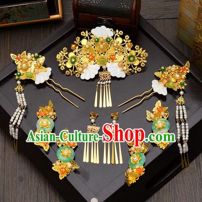 Traditional Handmade Chinese Wedding Xiuhe Suit Bride Jade Tassel Phoenix Coronet Hair Accessories Complete Set, Step Shake Hanfu Hairpins for Women