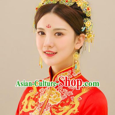 Traditional Handmade Chinese Wedding Xiuhe Suit Bride Blueing Tassel Phoenix Coronet Hair Accessories Complete Set, Step Shake Hanfu Hairpins for Women