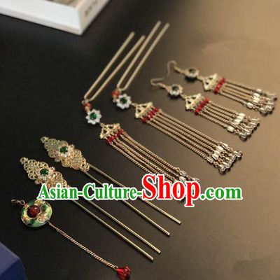 Traditional Handmade Chinese Wedding Xiuhe Suit Bride Blueing Tassel Hair Accessories Complete Set, Step Shake Hanfu Hairpins for Women