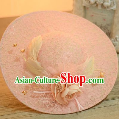 Top Grade Handmade Chinese Classical Hair Accessories Princess Wedding Baroque Hat Headwear Pink Flowers Feather Top Hat for Women