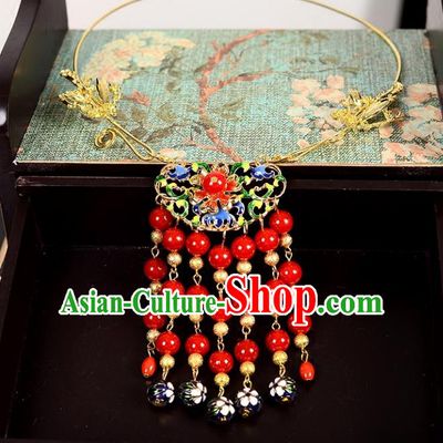 Top Grade Handmade Chinese Classical Jewelry Accessories Wedding Xiuhe Suit Red Beads Tassel Necklace Bride Hanfu Necklet Headgear for Women
