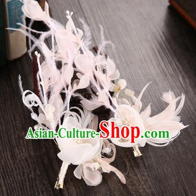 Top Grade Handmade Chinese Classical Hair Accessories Princess Wedding Baroque Headwear Pink Feather Flowers Headband Hair Clasp for Women