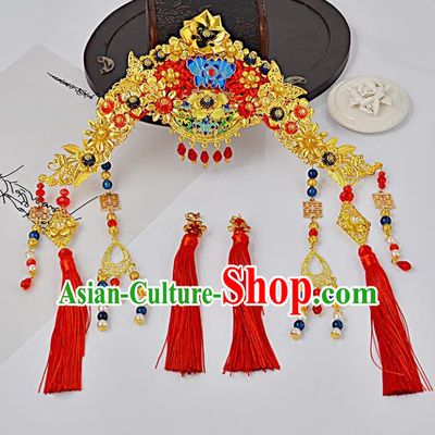 Traditional Handmade Chinese Wedding Xiuhe Suit Bride Hair Accessories Tassel Phoenix Coronet, Step Shake Hanfu Hairpins for Women