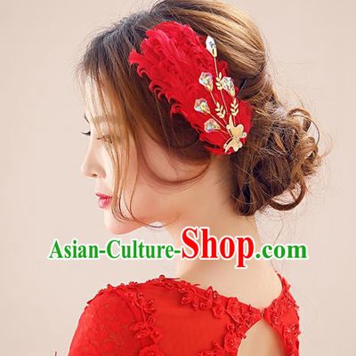 Top Grade Handmade Chinese Classical Hair Accessories Princess Wedding Baroque Headwear Red Feather Headband Hair Stick for Women