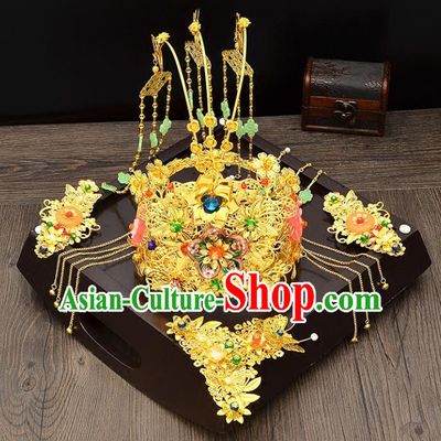 Traditional Handmade Chinese Wedding Xiuhe Suit Bride Hair Accessories Tassel Phoenix Coronet Complete Set, Step Shake Hanfu Hairpins for Women