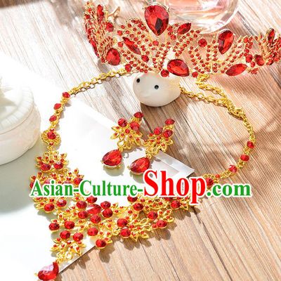 Top Grade Handmade Hair Accessories Baroque Red Crystal Imperial Crown and Necklace Earrings, Bride Wedding Hair Jewellery Queen Crystal Crown for Women