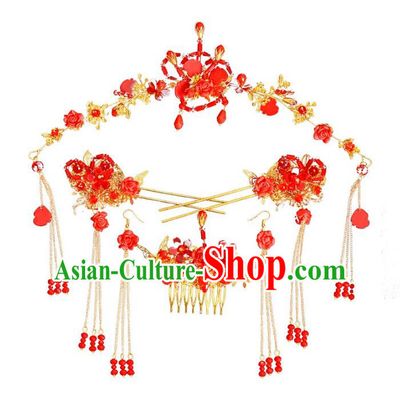 Traditional Handmade Chinese Wedding Xiuhe Suit Bride Hair Accessories Red Beads Phoenix Coronet Complete Set, Tassel Step Shake Hanfu Hairpins for Women