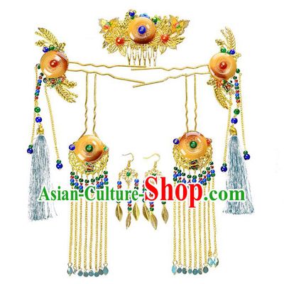 Traditional Handmade Chinese Wedding Xiuhe Suit Bride Hair Accessories Jade Phoenix Coronet Complete Set, Tassel Step Shake Hanfu Hairpins for Women