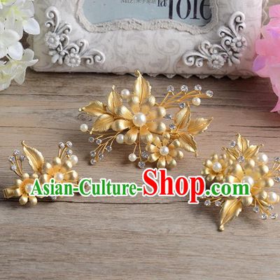 Top Grade Handmade Chinese Classical Hair Accessories Princess Wedding Baroque Golden Headwear Pearls Hair Stick Bride Hair Claw for Women