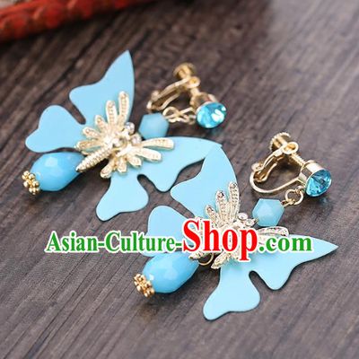 Top Grade Handmade Chinese Classical Jewelry Accessories Wedding Blue Butterfly Tassel Ear Stud Bride Hanfu Earrings for Women