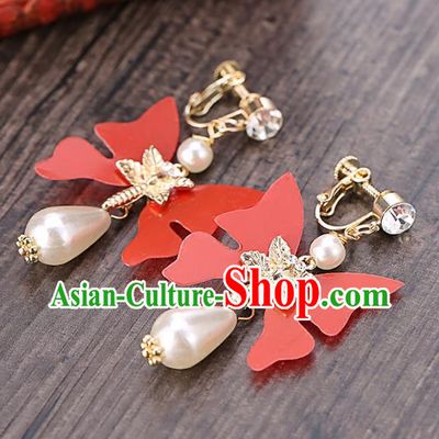 Top Grade Handmade Chinese Classical Jewelry Accessories Wedding Red Butterfly Tassel Ear Stud Bride Hanfu Earrings for Women
