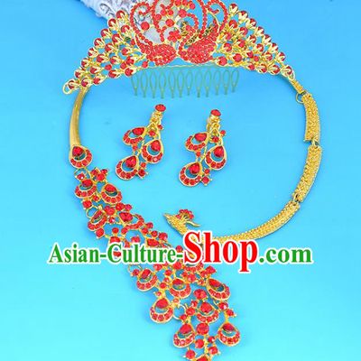 Top Grade Handmade Chinese Classical Jewelry Accessories Wedding Red Crystal Peacock Royal Crown and Necklace Earrings Bride Hanfu Headgear for Women