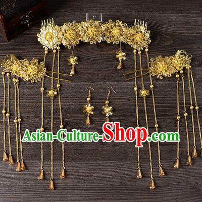 Traditional Handmade Chinese Wedding Xiuhe Suit Bride Hair Accessories Complete Set, Tassel Phoenix Coronet Step Shake Hanfu Hairpins for Women