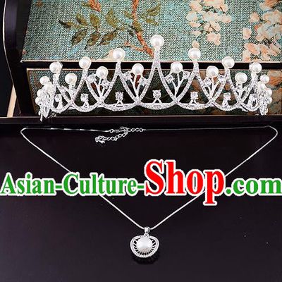Top Grade Handmade Chinese Classical Jewelry Accessories Wedding Crystal Pearls Royal Crown and Necklace Earrings Bride Hanfu Headgear for Women