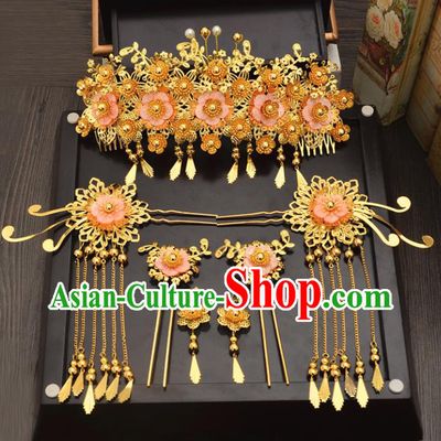 Traditional Handmade Chinese Wedding Xiuhe Suit Bride Hair Accessories Complete Set, Tassel Pink Flowers Phoenix Coronet Step Shake Hanfu Hairpins for Women