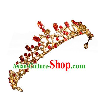 Top Grade Handmade Hair Accessories Baroque Red Rhinestone Imperial Crown, Bride Wedding Hair Jewellery Princess Crystal Golden Crown for Women