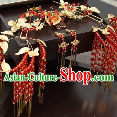 Traditional Handmade Chinese Wedding Xiuhe Suit Bride Hair Accessories Hair Comb and Hairpins Complete Set, Red Tassel Step Shake Hanfu Hairpins for Women