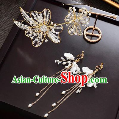 Top Grade Handmade Chinese Classical Jewelry Accessories Wedding Crystal Pearls Hair Clasp and Earrings Bride Hanfu Headgear for Women