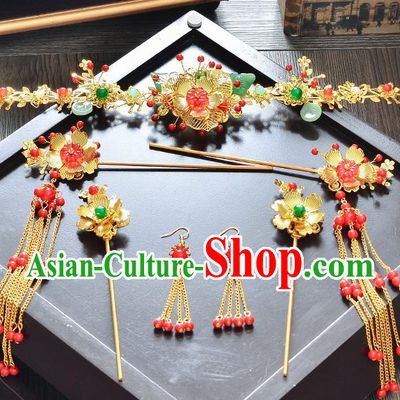 Traditional Handmade Chinese Wedding Xiuhe Suit Bride Hair Accessories Hair Comb Hairpins Complete Set, Step Shake Hanfu Hairpins for Women