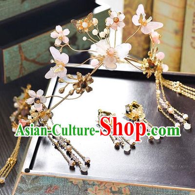 Traditional Handmade Chinese Wedding Xiuhe Suit Bride Hair Accessories Pink Butterfly Hairpins Complete Set, Step Shake Hanfu Hairpins for Women