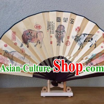 Traditional Chinese Crafts Silk Folding Fan China Sensu Ink Painting Five Oxen Accordion Fan for Men