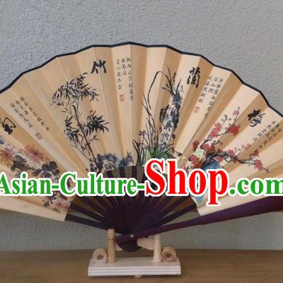 Traditional Chinese Crafts Silk Folding Fan China Sensu Printing  Plum Blossom Orchid Bamboo and Chrysanthemum Accordion Paper Fan for Men